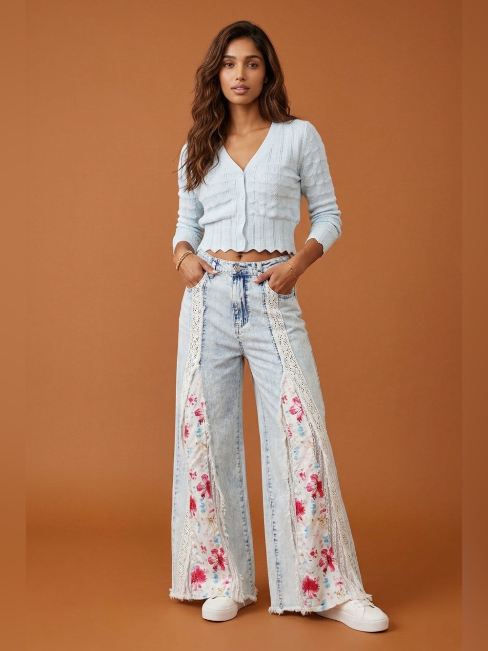 POL Light Blue Floral Panel Wide-Leg Jeans